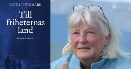 Bild delad i två: bokomslag med text och skogssilhuetter till vänster, porträtt av äldre kvinna vid havet till höger..