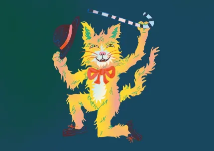 Färgglad illustration av en stående gul katt med rosett, hatt i ena tassen och randig käpp i den andra..
