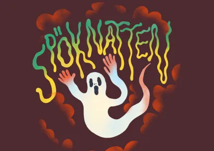 Illustration av ett vitt spöke med uppsträckta händer och färgglad, vågig text mot mörk bakgrund..