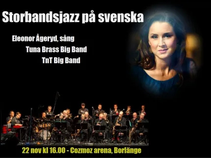 Konsertaffisch med stor rubrik och foto av en kvinna, samt storband som spelar på scen längst ned..