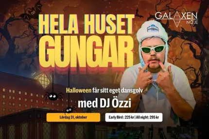 Illustrerad halloweenaffisch med stor text, en DJ i solglasögon och mössa samt spindlar, fladdermöss och mörka träd..