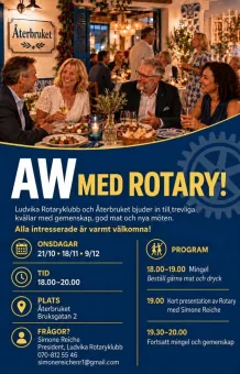 Grupp vuxna sitter vid ett bord med mat och vinglas i en varm restaurangmiljö; textskylt syns i förgrunden..