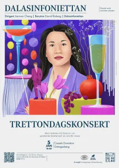 Illustrerad konsertposter med kvinnoporträtt, champagneglas, frukt och blommor samt texten ”Dalasinfoniettan” och ”Trettondagskonsert”..