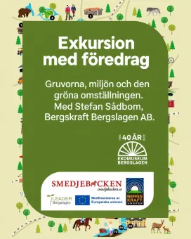 Illustrerad affisch med grön ruta och text om exkursion med föredrag, logotyper längst ned och kartmönster runt..