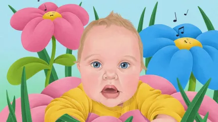 Illustration av en bebis i gul tröja bland stora rosa och blå blommor med ansikten och musiknoter..