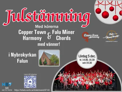 Grå affisch med rubriken ”Julstämning”, körnamn, tider, QR-kod samt foto av kyrka och kör på scen..