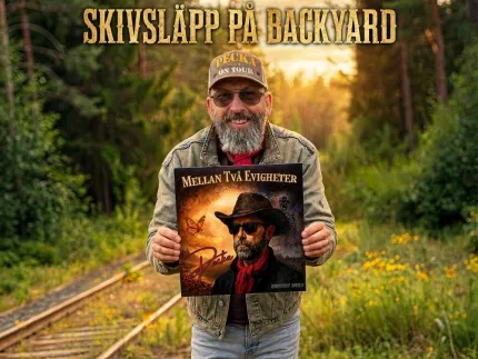 Skäggig man med keps står vid järnväg i skog och håller upp ett vinylomslag i kvällsljus..