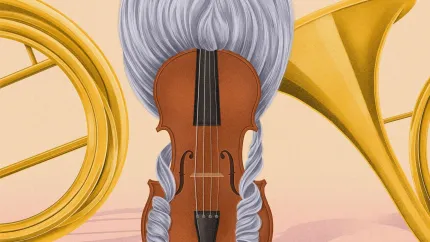 Illustration av en fiol i mitten med grått flätat hår, omgiven av gyllene mässingsinstrument mot ljus bakgrund..