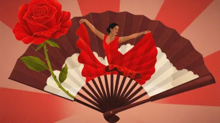 Illustration av en flamencodansare i röd klänning på en öppen solfjäder, med röd ros till vänster..