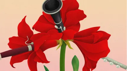 Illustration av en stor röd blomma där bladen formar blåsinstrument mot en ljus rosa bakgrund.