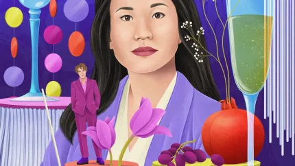 Illustration av en kvinna i lila, med blommor, vindruvor, ett rött äpple och champagneglas mot festlig bakgrund..