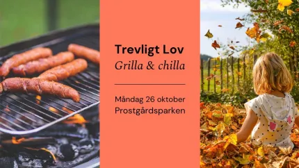 Delad affisch med korv på grill till vänster, text i mitten och ett barn bland höstlöv till höger..