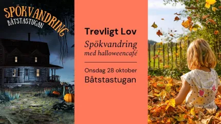 Affisch med spökhus och pumpor till vänster, evenemangstext i mitten och barn i höstlöv till höger..