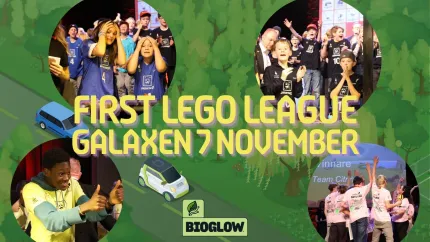 Grön affisch med texten “FIRST LEGO LEAGUE GALAXEN 7 NOVEMBER” och cirkelbilder av jublande barn på scen..