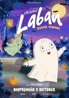 Illustrerad filmposter med vita spöket Laban i en nattscen med måne, fladdermöss, hus och pumpor..