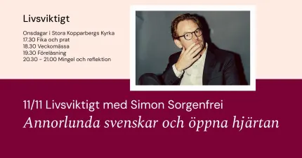 Affisch med programtext och porträtt av en man i kostym och glasögon, med rubrik Livsviktigt och datum..