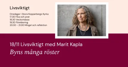 Affisch med programtext till vänster och ett porträtt av en kvinna mot en grå vägg till höger..