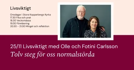 Affisch med schema och rubriker på svenska samt porträttfoto av en äldre man och en kvinna mot grå bakgrund..