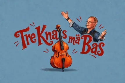 Illustration med ståbas i mitten och en man med utsträckta armar och headset, mot blå bakgrund..