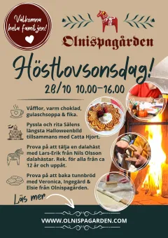 Beige evenemangsaffisch för Höstlovssöndag på Olnispagården med datum, tid och bilder på våfflor och pyssel..
