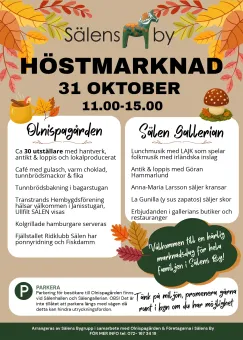 Illustrerad affisch om Sälen Höstmarknad med datum, tider och program, dekorerad med höstlöv och svampar..