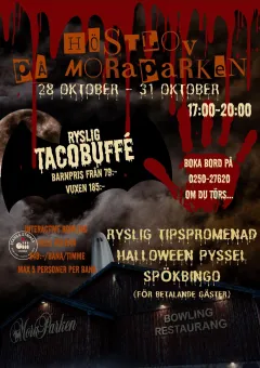 Mörk Halloweenaffisch med blodstänk, fladdermus, spöke och info om Höstlov på Moraparken..