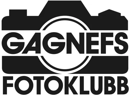 Svartvit logotyp med en stiliserad kamera och texten "GAGNEFS FOTOKLUBB" på vit bakgrund..