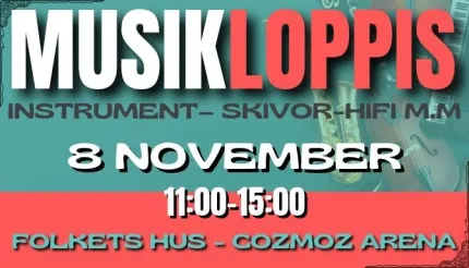 Reklamaffisch med texten ”MUSIKLOPPIS”, datum 8 november, tid 11:00–15:00 och plats Folketshus Cozmoz Arena..