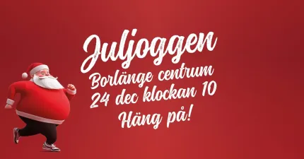 Röd affisch med tecknad tomte som springer och vit text om Juljoggen i Borlänge centrum den 24 dec..