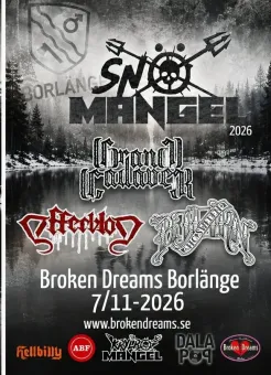 Svartvit konsertposter med sjö och skog i bakgrunden samt flera bandloggor och datumtext..