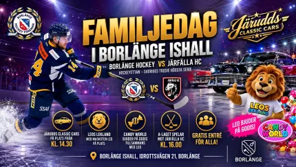 Färgglad affisch för hockeymatch med spelare, texten “Familjedag i Borlänge ishall”, veteranbilar och lejonmaskot..