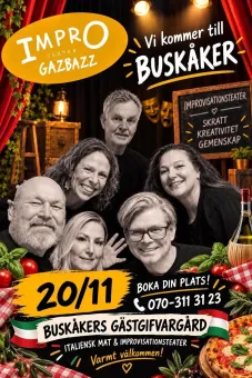 Affisch med sex leende personer, text om improvisationsteater, datum och bokning, samt italiensk mat..