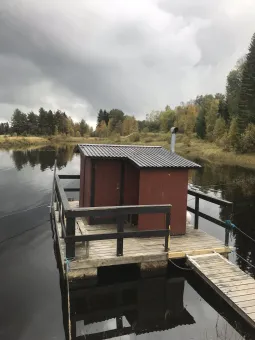 A sauna raft in the river. 