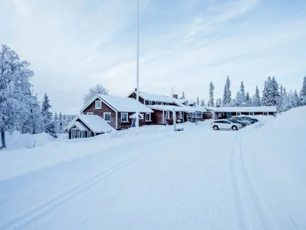 Exterior of the hotel in winter.