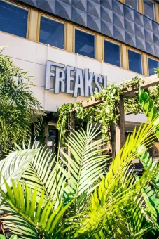 I förgrunden flera gröna växter och i bakgrunden skylt text freaks.