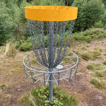 Discgolfkorg ute i skogen.