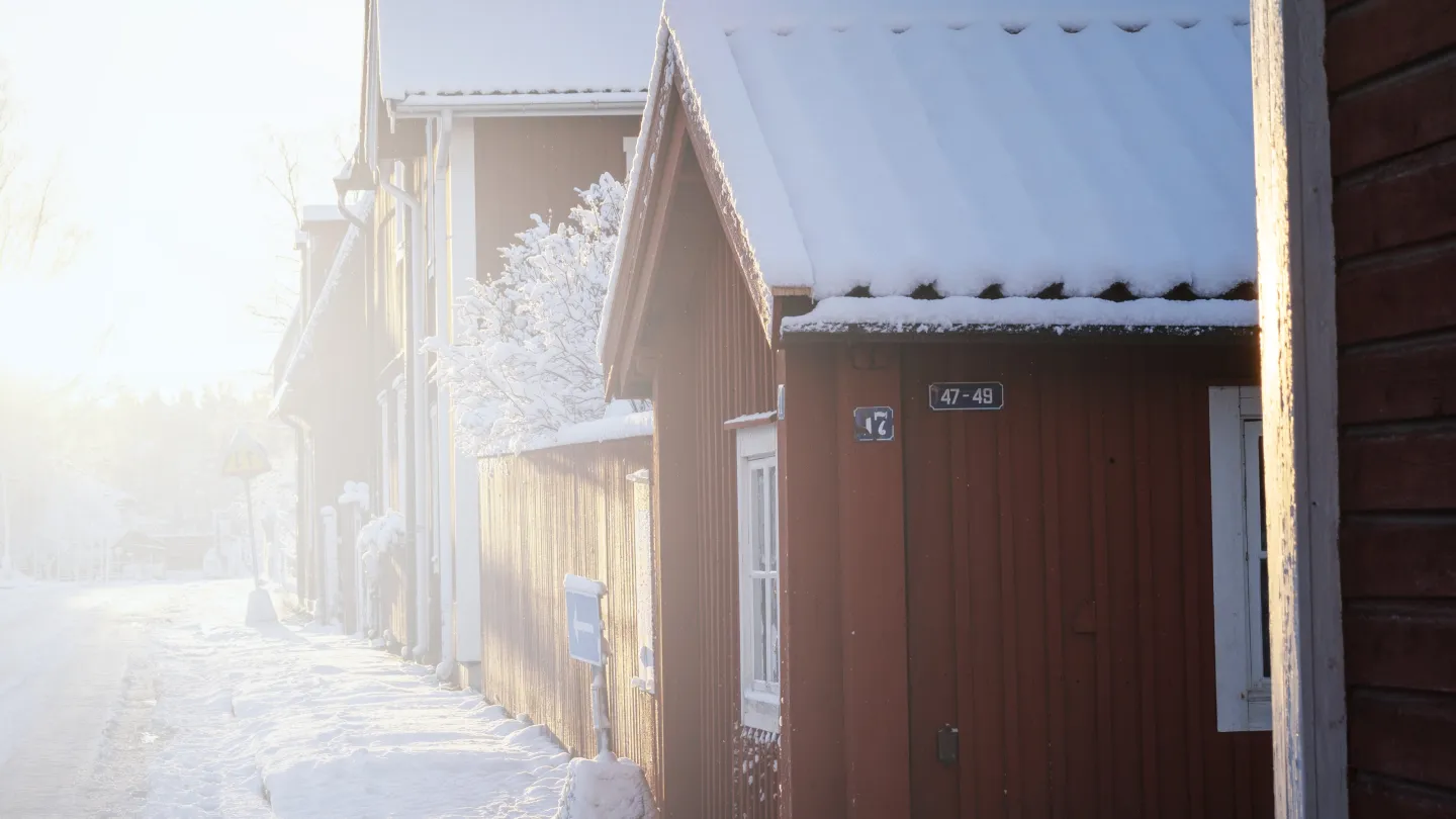 Red houses in winter.