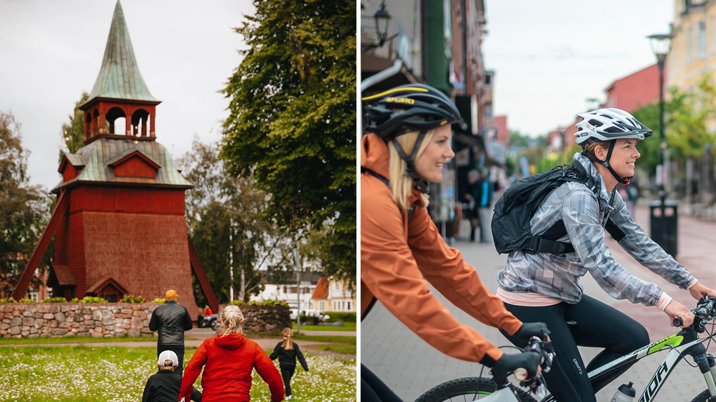 Collage: En familj springer mot en röd kyrka, ett par kvinnor cyklar i Mora centrum.