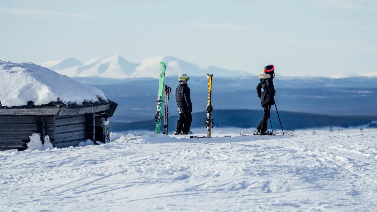 Alpina skidåkare i fjällandskap. 