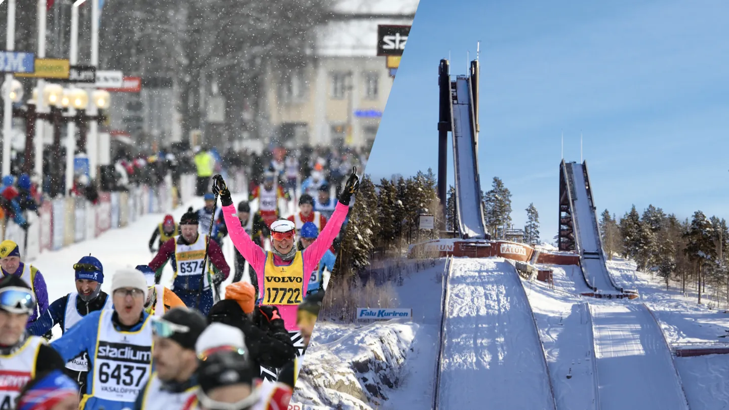 Målgång i Vasaloppet och hoppbackar på Lugnet i Falun