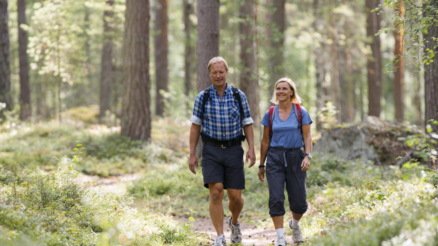 Par som vandrar i skogen.