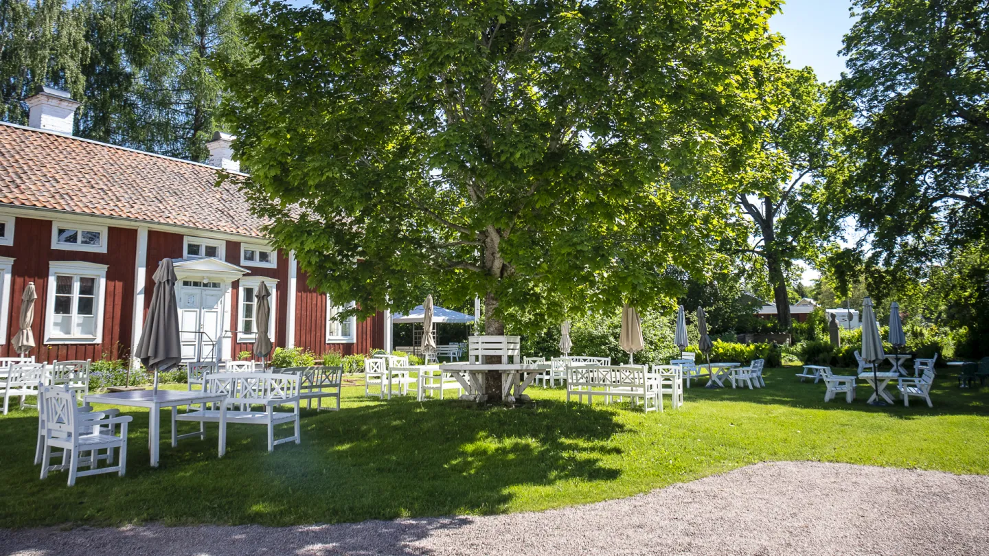 Park med trädgårdsmöbler.