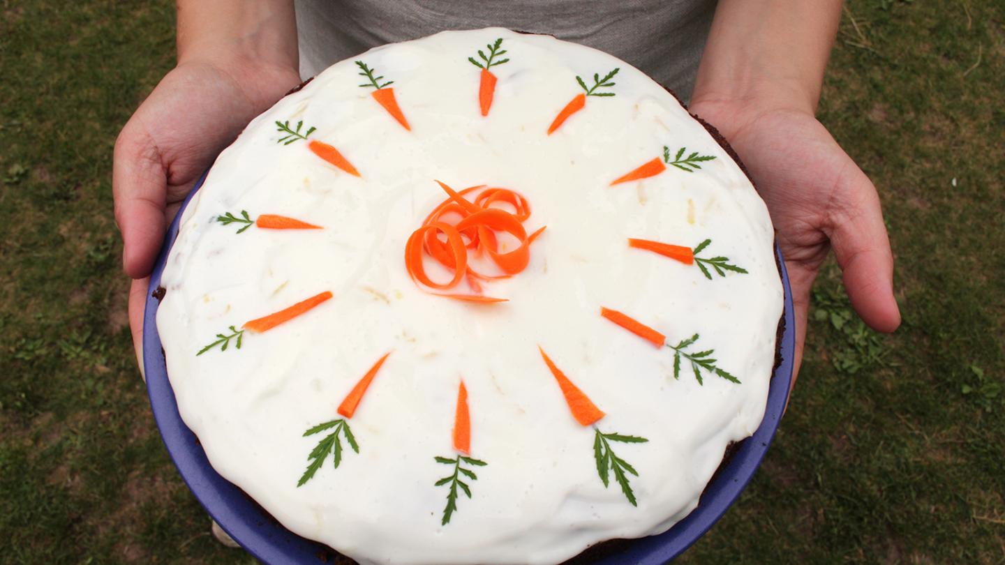 Ett par händer håller en vit kaka med små morötter på.