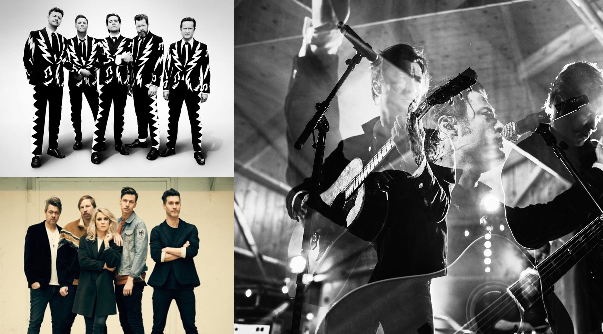 Collage tre bilder på musikband: The Hives i svartvita kostymer, The Sounds och Mando Diao på scen.