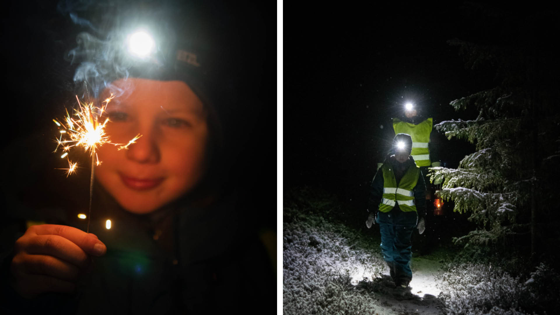 Vandring med pannlampor i skogen i mörkret.