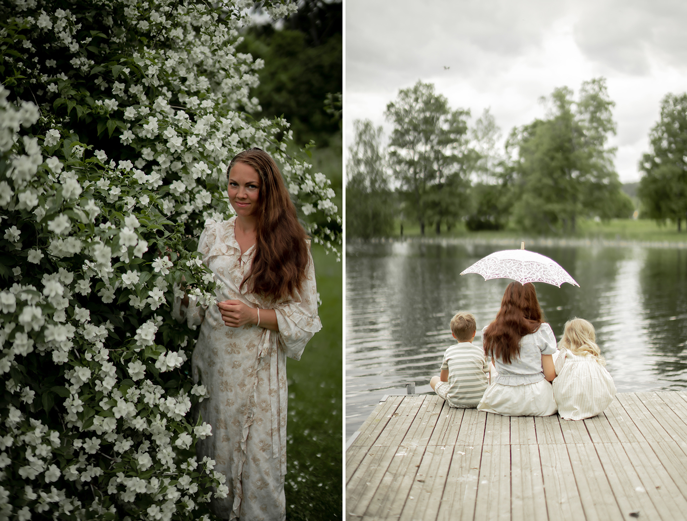 Collage: En kvinna med mörkt hår vid en blommande buske, en kvinna med paraply sitter på en brygga med två barn.