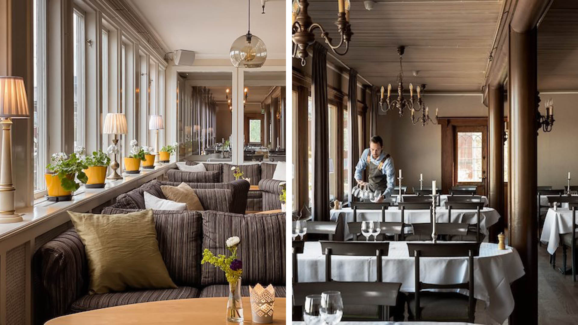 Lounge och matsal på hotell Villa Långbers i Tällberg.