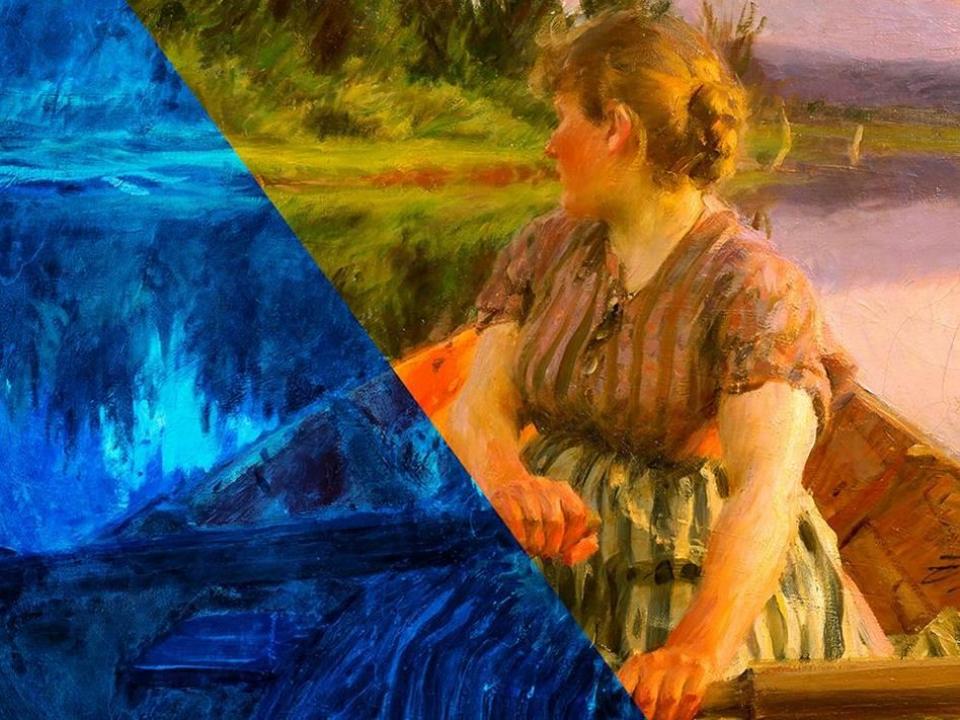 En tudelad målning där ena sidan är blå och den andra visar en kvinna som ror.